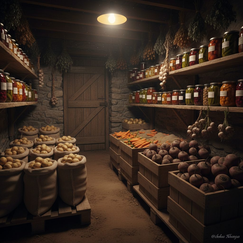 Organized root cellar with potatoes in burlap, carrots in sand, beets in crates