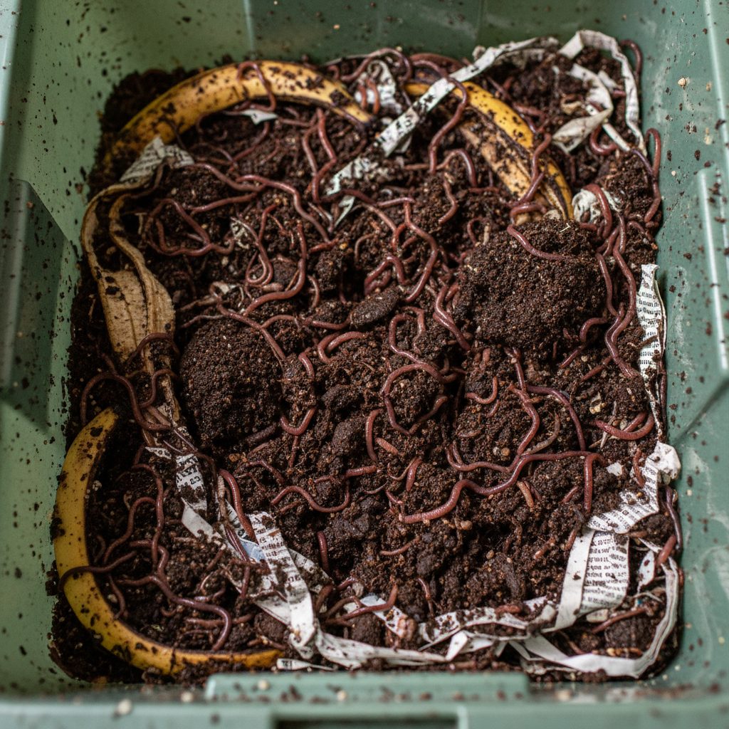 Inside view of worm composting bin with red wigglers and food scraps