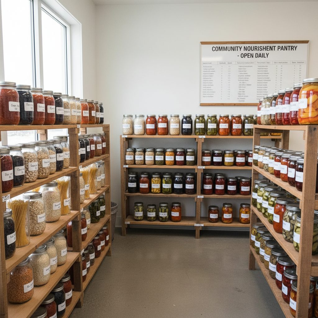 Emergency pantry with labeled glass jars of beans, rice, and canned goods
