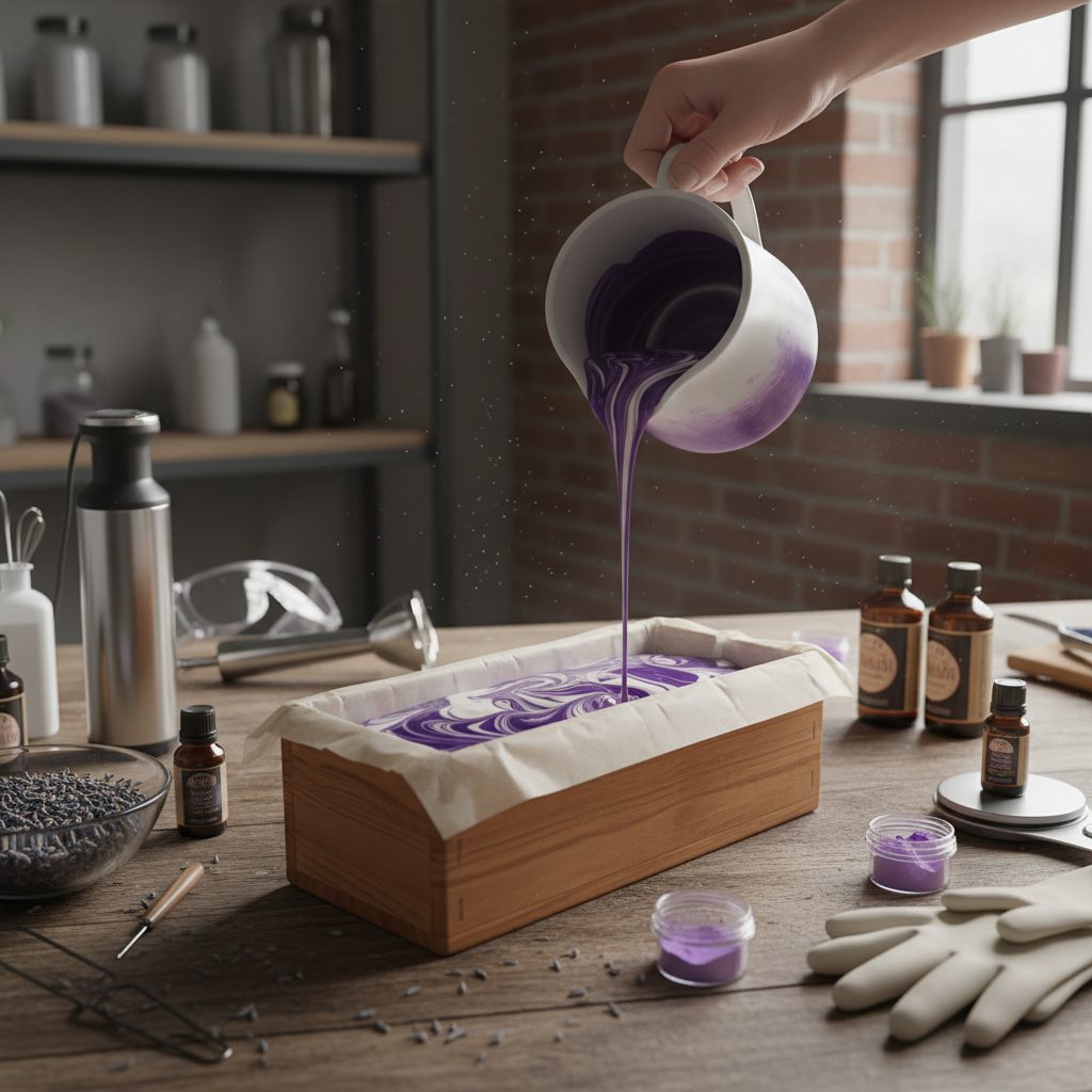 Cold process soap being poured into a wooden mold with color swirls
