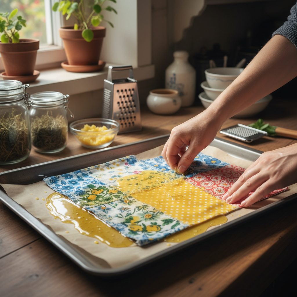 Hands pressing fabric into melted beeswax mixture on a baking sheet