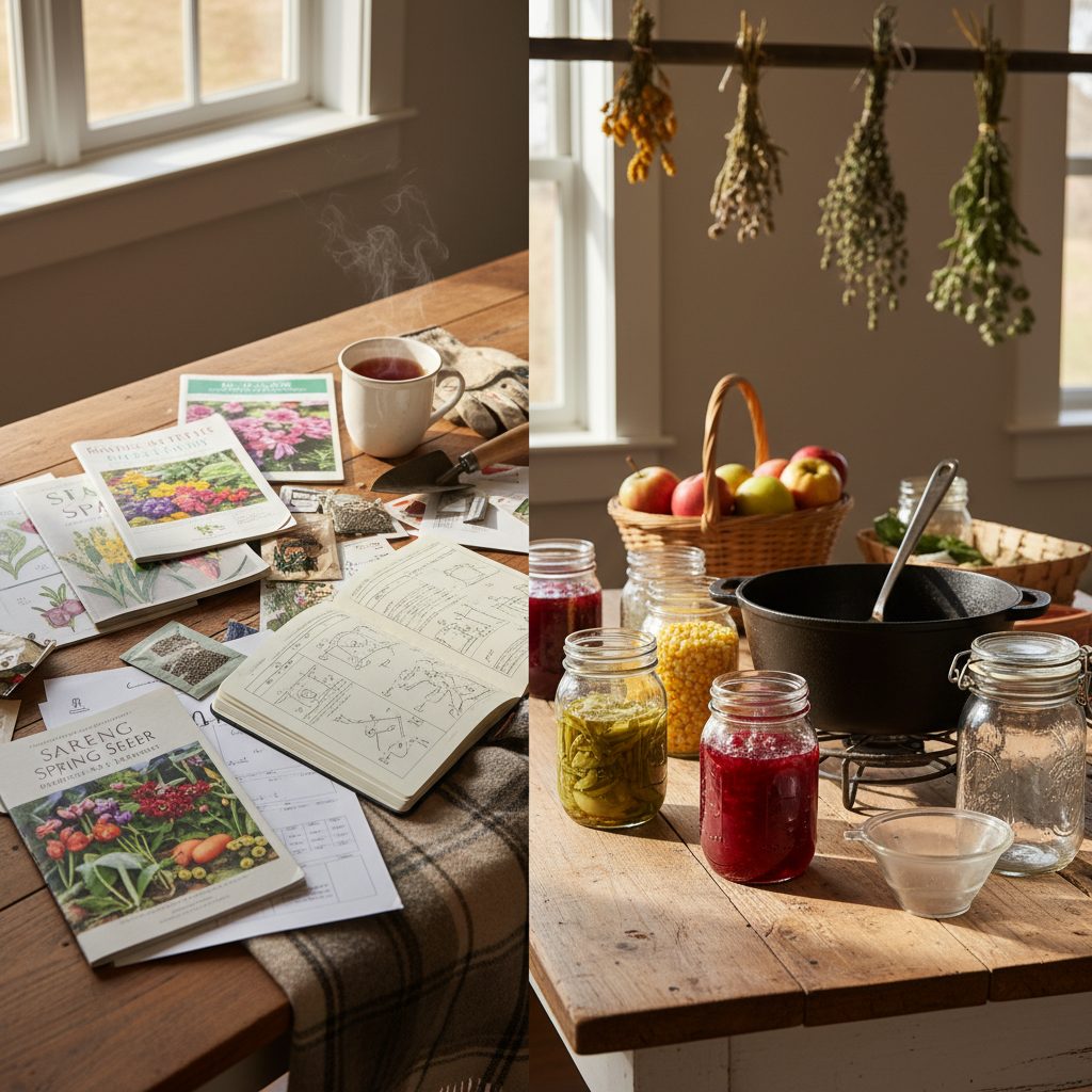 Spring garden planning with seed catalogs next to fall harvest preservation