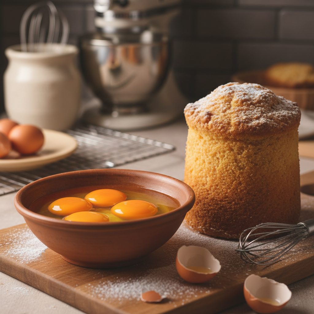 Duck eggs cracked showing large rich yolks next to a cake baked with them