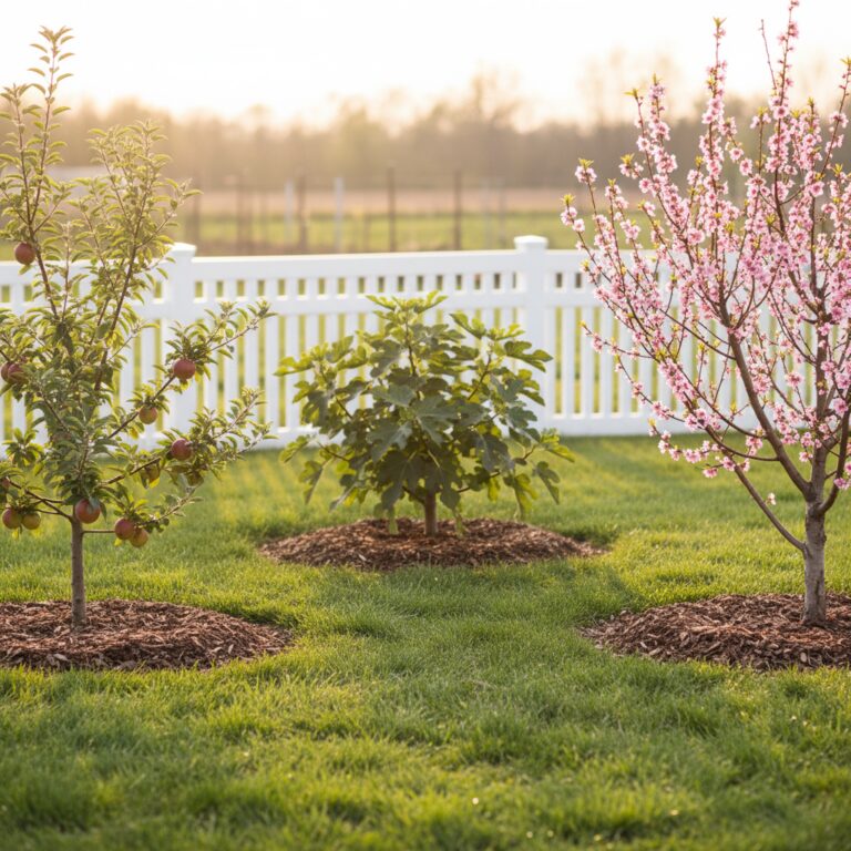 Young fruit trees growing in a sunny backyard garden with apple, fig, and peach trees