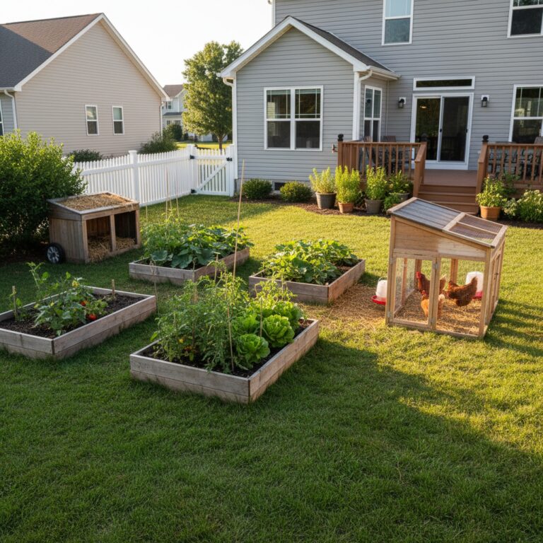 Suburban backyard homestead with raised bed garden, chicken coop, and herb containers