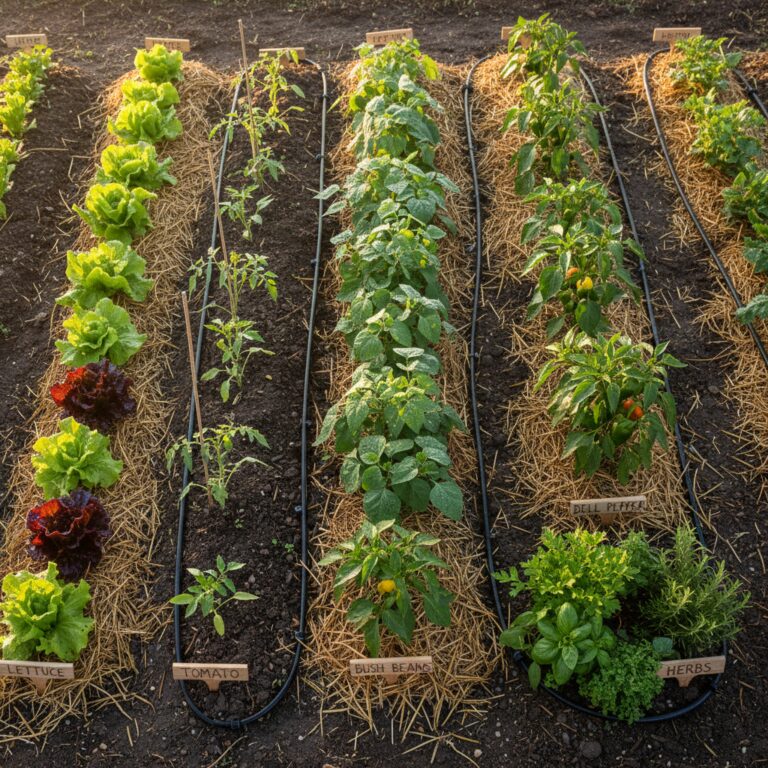 Overhead view of a beginner vegetable garden with lettuce, tomatoes, beans and herbs in neat rows
