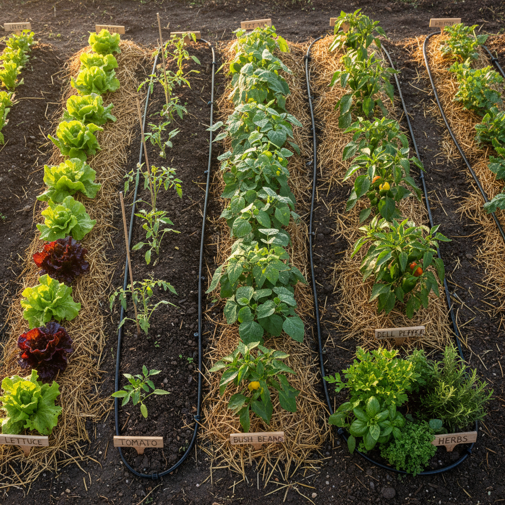 Overhead view of a beginner vegetable garden with lettuce, tomatoes, beans and herbs in neat rows