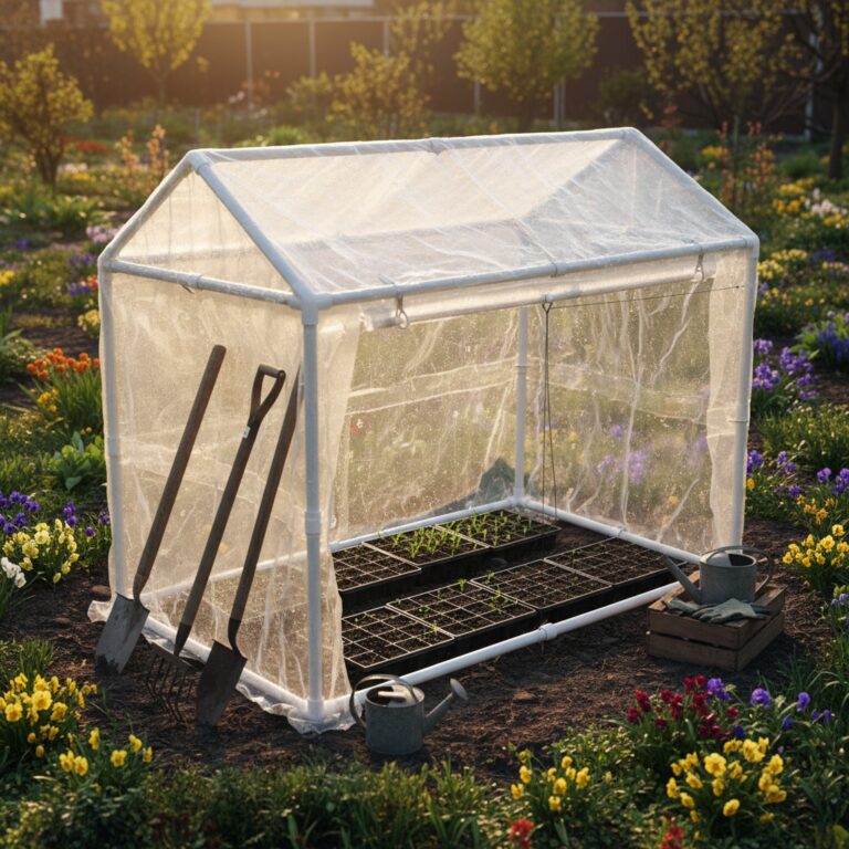 DIY PVC hoop house greenhouse with seedlings growing inside in a backyard garden
