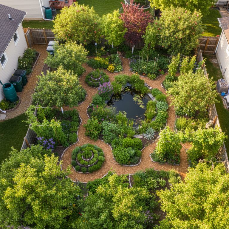 Aerial view of a small suburban yard designed with permaculture principles including fruit trees, herb spirals, and garden zones