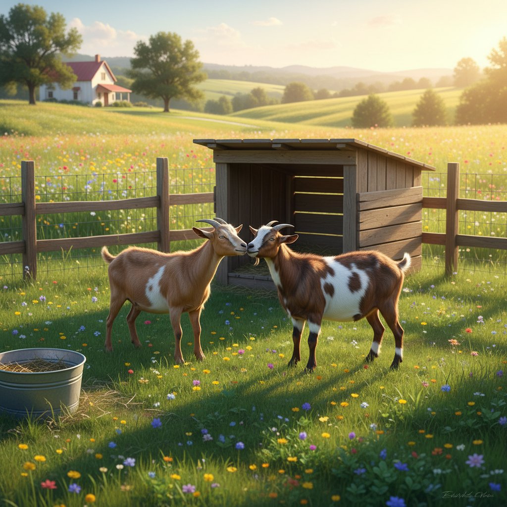 Two friendly Nigerian Dwarf goats in a small pasture with wooden shelter