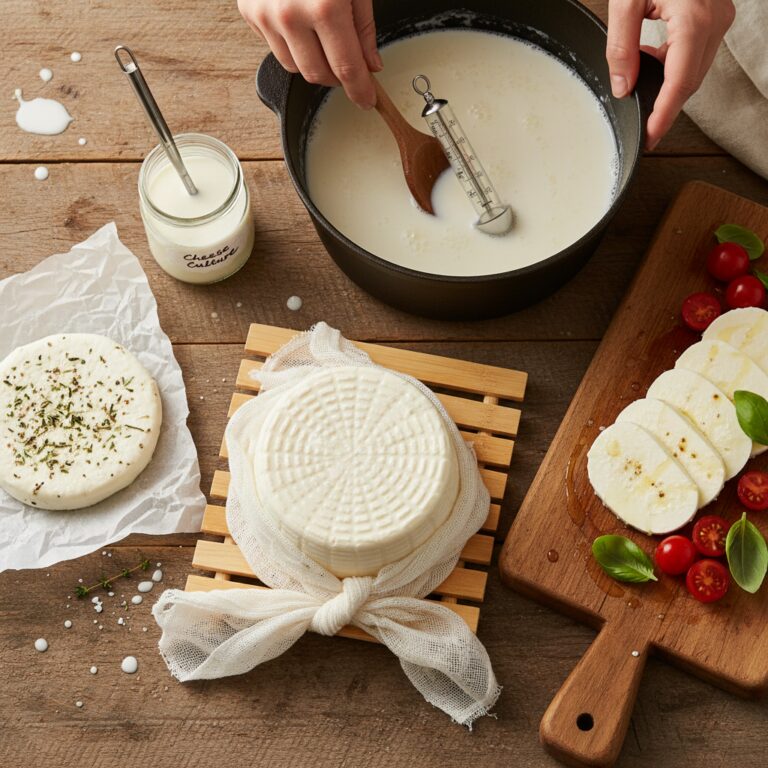Homemade ricotta, mozzarella, and chèvre cheese on a farmhouse kitchen table with milk and supplies
