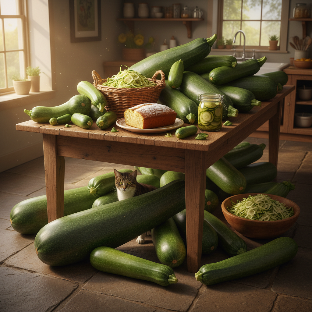 Rustic table overflowing with zucchini harvest plus zucchini bread, pickles, and zoodles