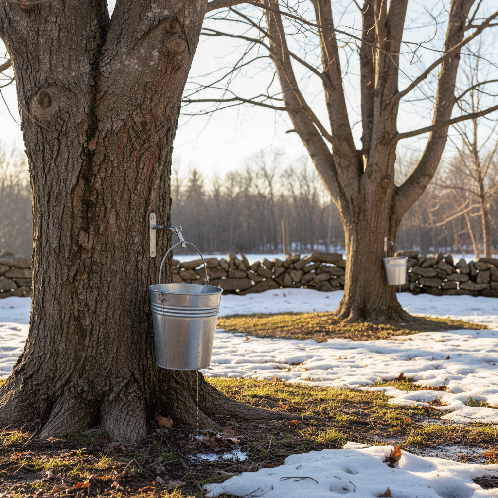 Sugar maple tree with metal spile and bucket collecting clear sap in late winter