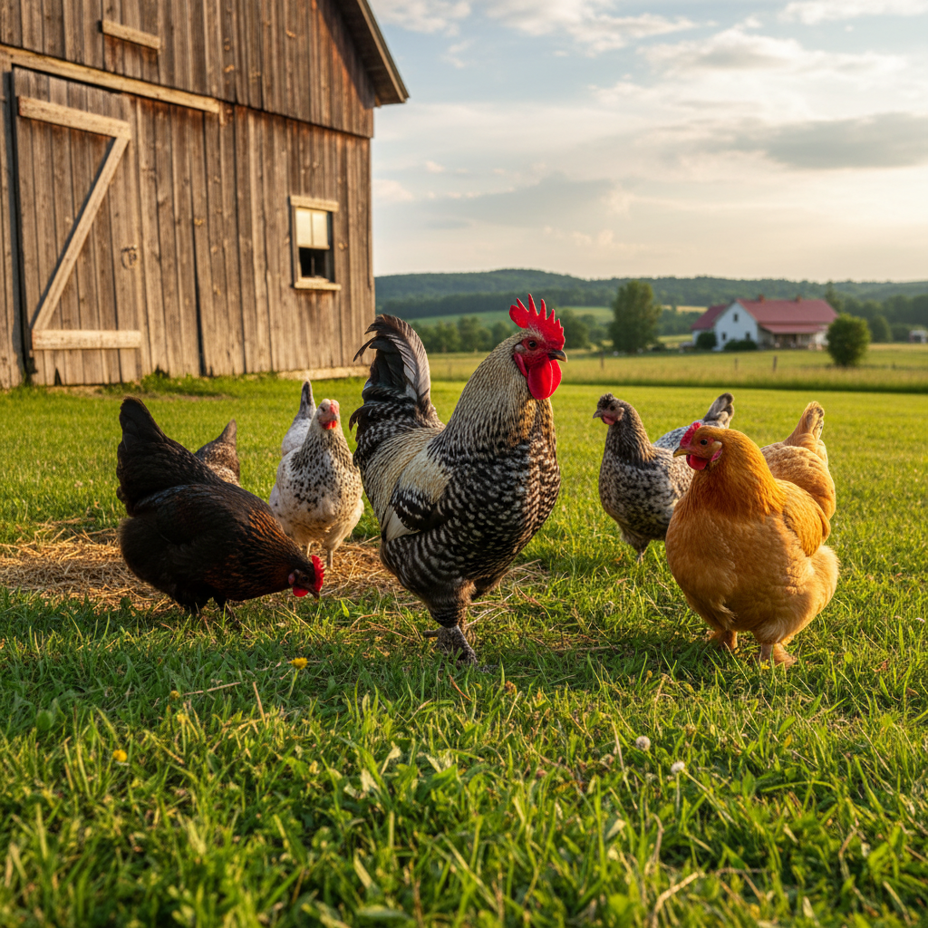 Diverse heritage breed chickens including Orpington, Plymouth Rock, Marans, and Sussex free-ranging on green grass