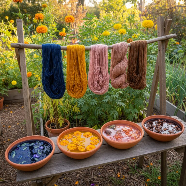 Naturally dyed yarn skeins in gold, blue, pink, and brown hanging above bowls of plant dye baths