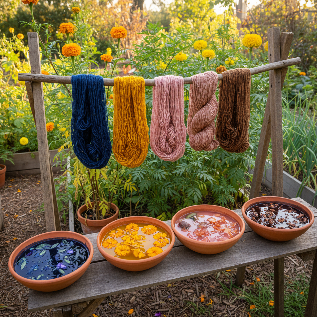 Naturally dyed yarn skeins in gold, blue, pink, and brown hanging above bowls of plant dye baths