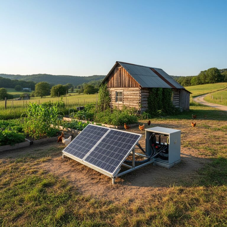 Small off-grid solar panel array with battery bank near a rustic cabin on a homestead