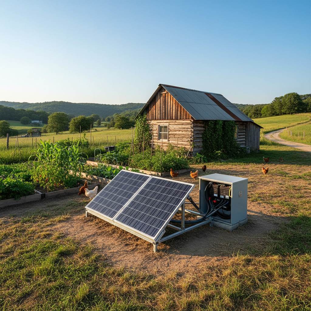 Small off-grid solar panel array with battery bank near a rustic cabin on a homestead