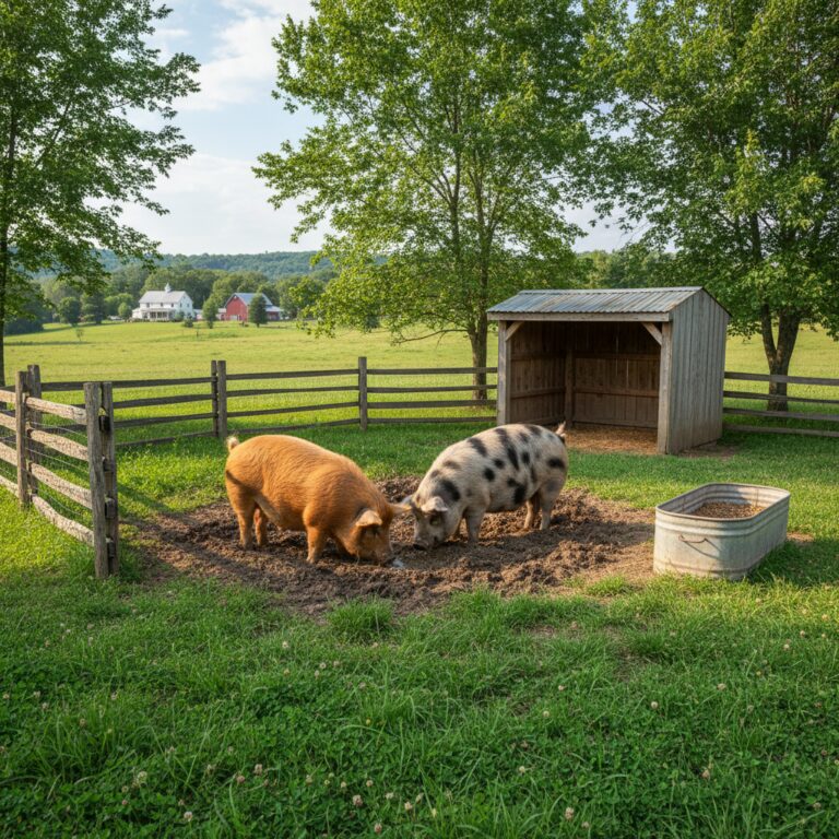 Two Kunekune pigs in a small paddock with wooden fencing and simple shelter on a homestead