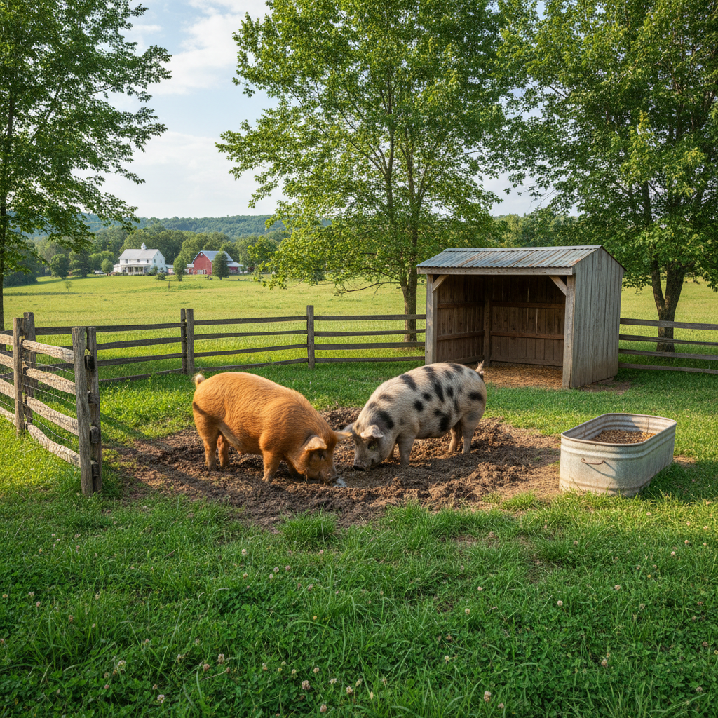 Two Kunekune pigs in a small paddock with wooden fencing and simple shelter on a homestead