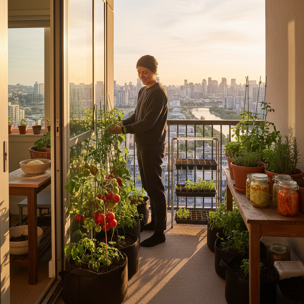Person on apartment balcony with impressive container garden including tomatoes, herbs, and seed starting supplies