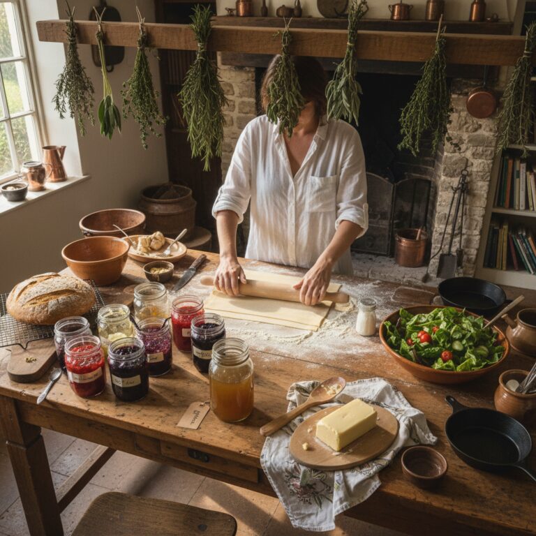 Farmhouse kitchen table with fresh pasta, sourdough bread, homemade jam, garden salad, and bone broth