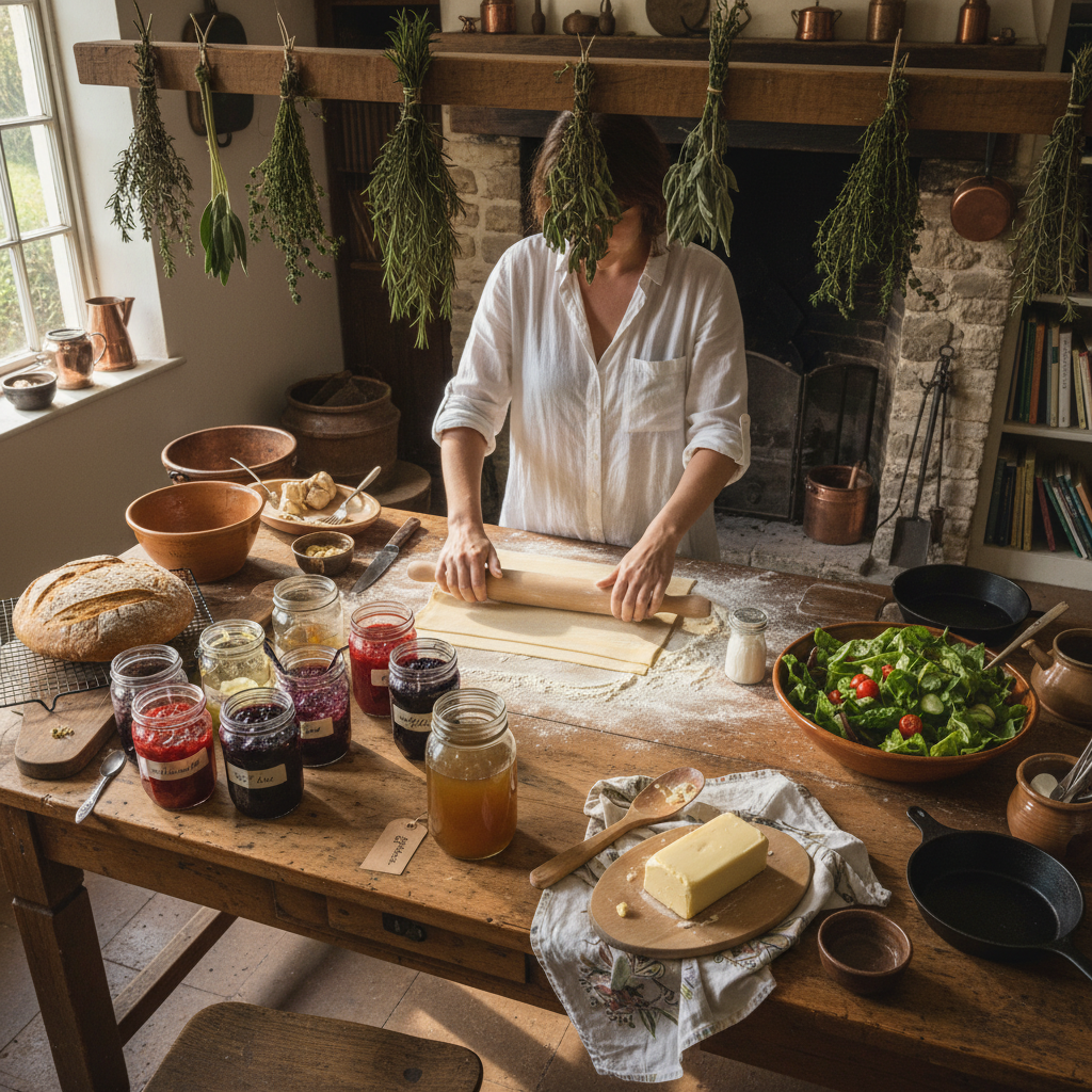 Farmhouse kitchen table with fresh pasta, sourdough bread, homemade jam, garden salad, and bone broth