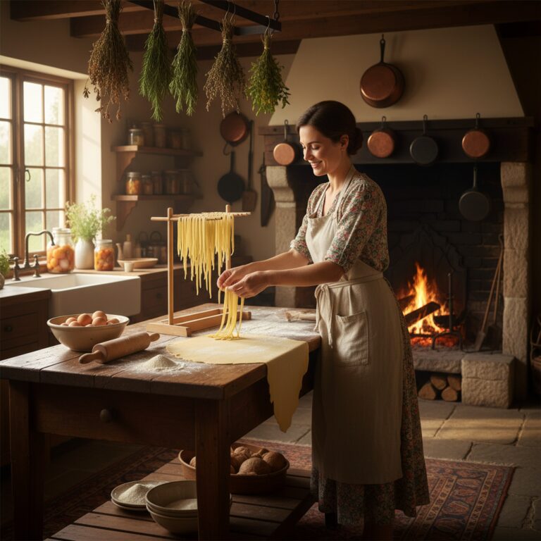 Fresh homemade pasta fettuccine draped over a wooden drying rack in a warm farmhouse kitchen