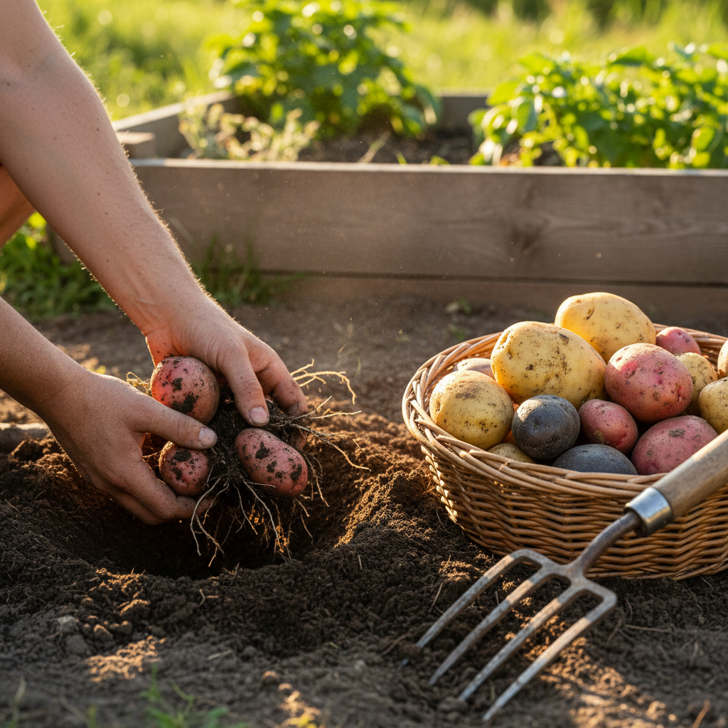 Hands pulling fresh potatoes from rich garden soil