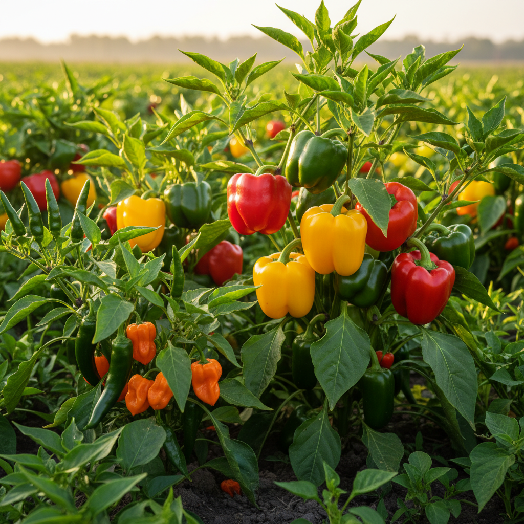 Red, yellow, and green bell peppers plus hot peppers growing on plants in a garden