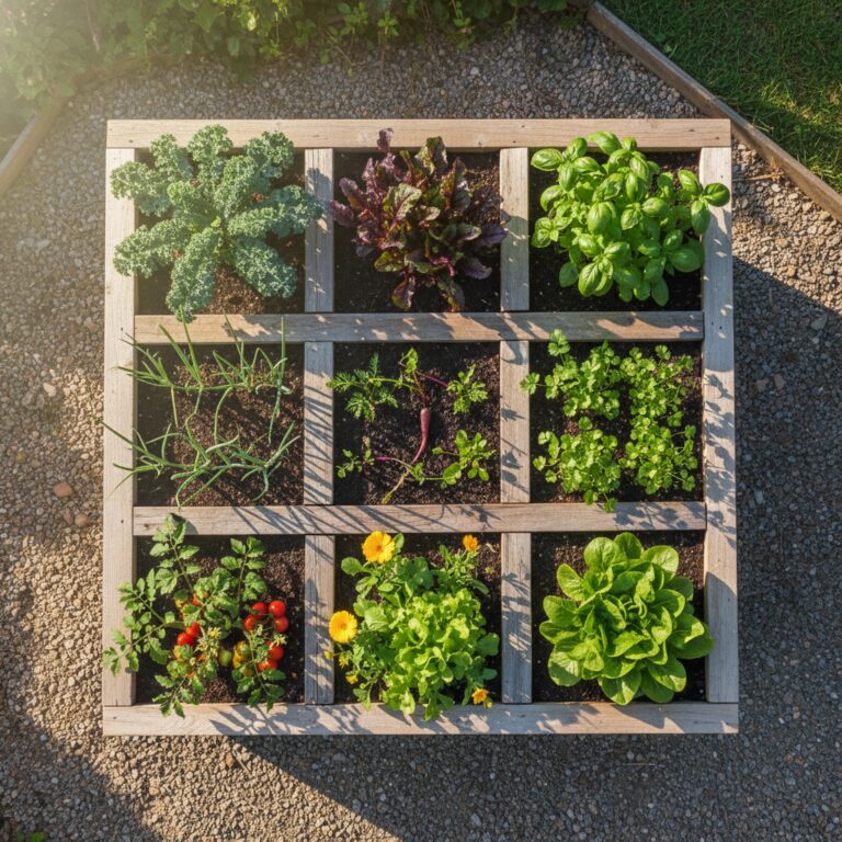 Overhead view of organized square foot garden with wooden grid and diverse plantings