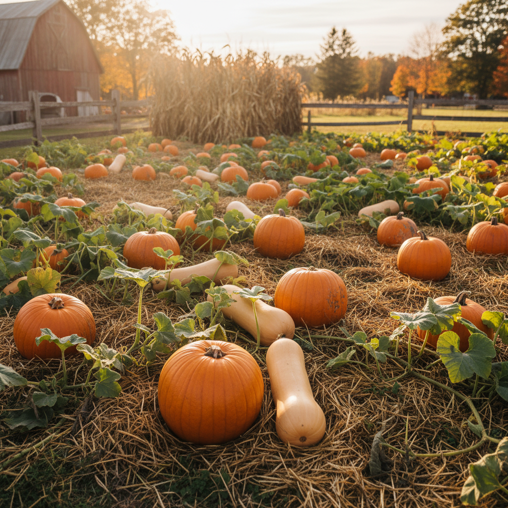 Large orange pumpkins and butternut squash on vines in a garden with straw mulch