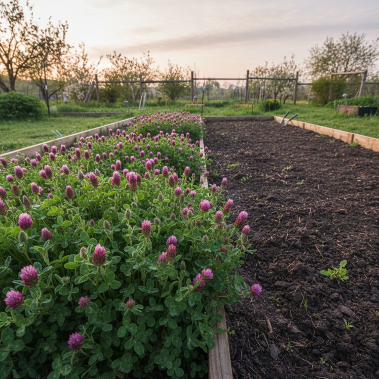Lush green crimson clover cover crop with purple-red flowers in a garden bed