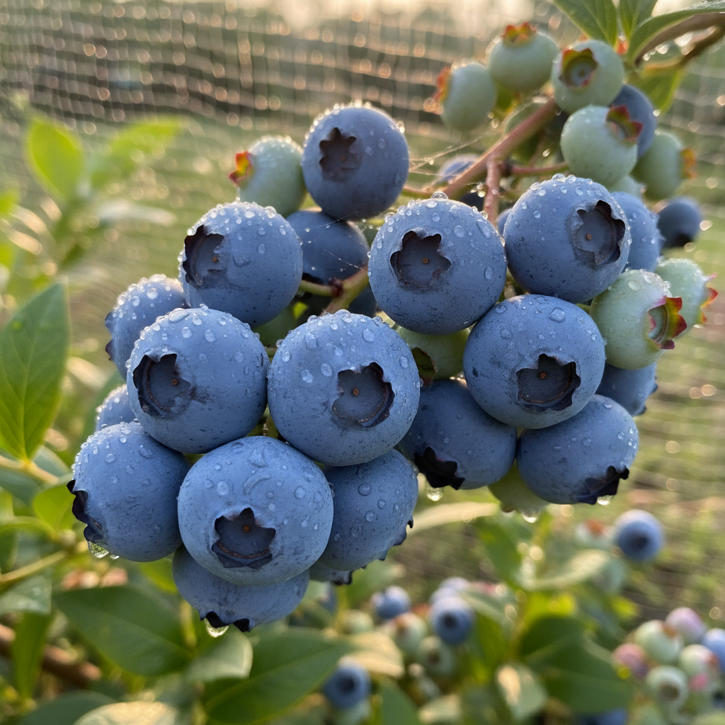Close-up of ripe blueberry clusters on a bush ready for picking with morning dew