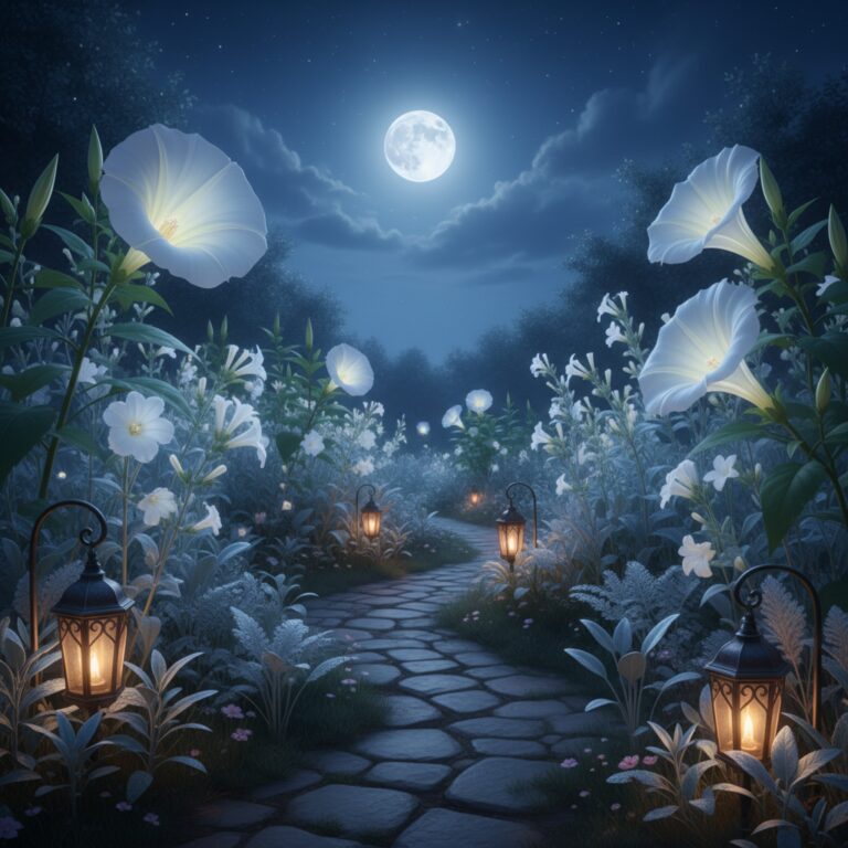 Magical night garden with white moonflowers and silver foliage glowing in moonlight