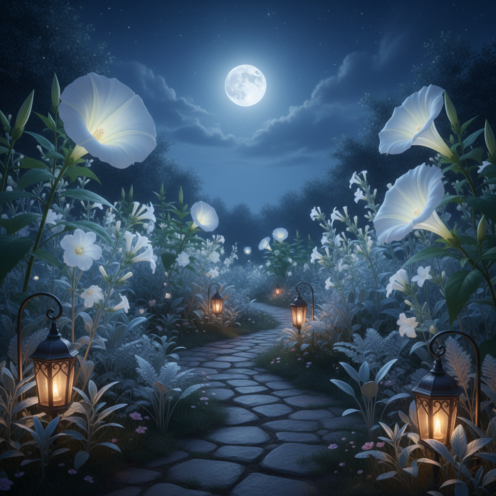 Magical night garden with white moonflowers and silver foliage glowing in moonlight