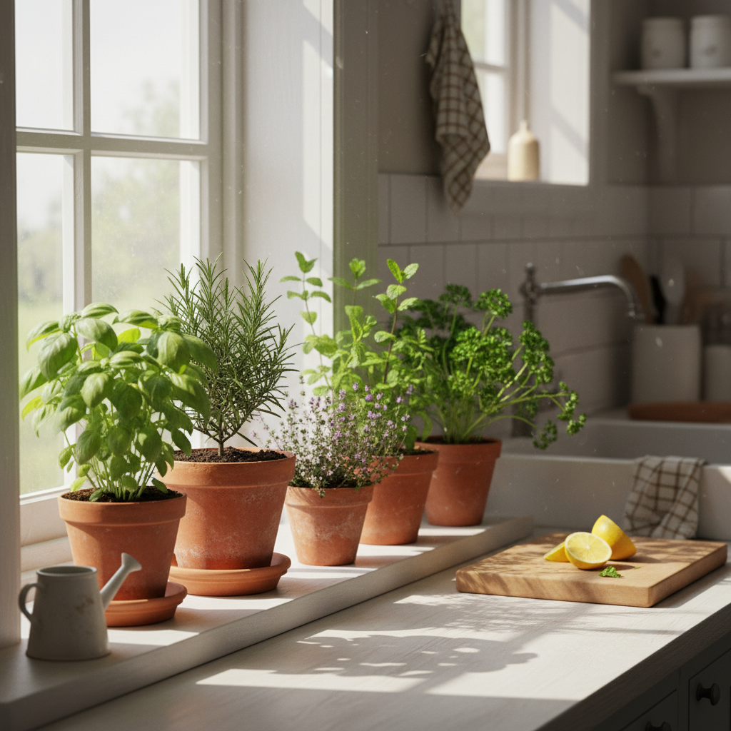 Potted basil, rosemary, thyme, mint, and parsley on a sunny kitchen windowsill