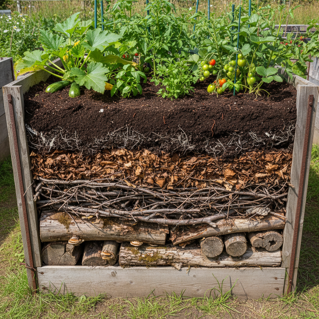 Hugelkultur raised bed showing layers of logs, branches, leaves, compost, and topsoil with plants