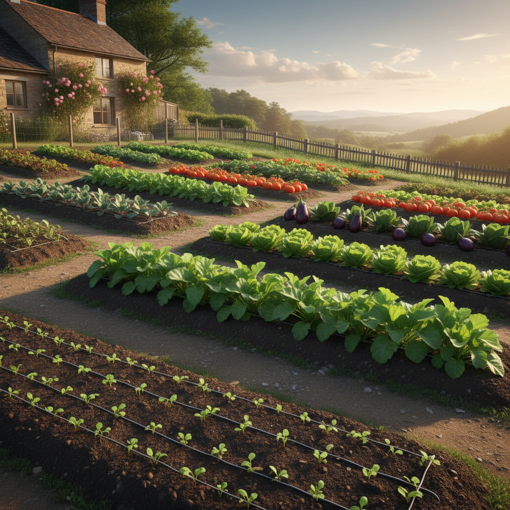 Beautiful garden showing vegetables at different growth stages from seedling to harvest-ready