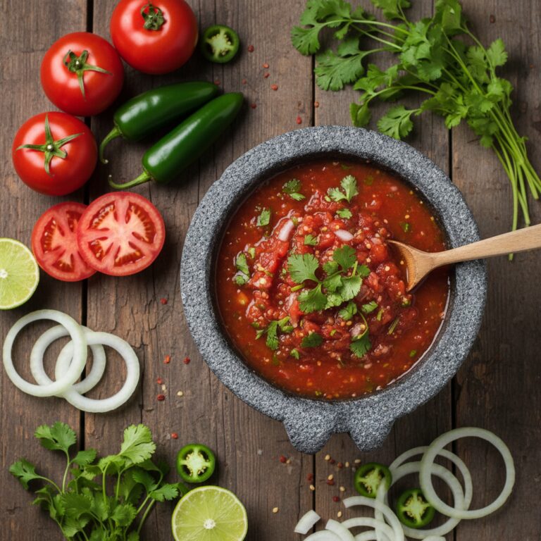 Overhead shot of fresh homemade salsa in a stone bowl with tomatoes, jalapenos, cilantro, and lime