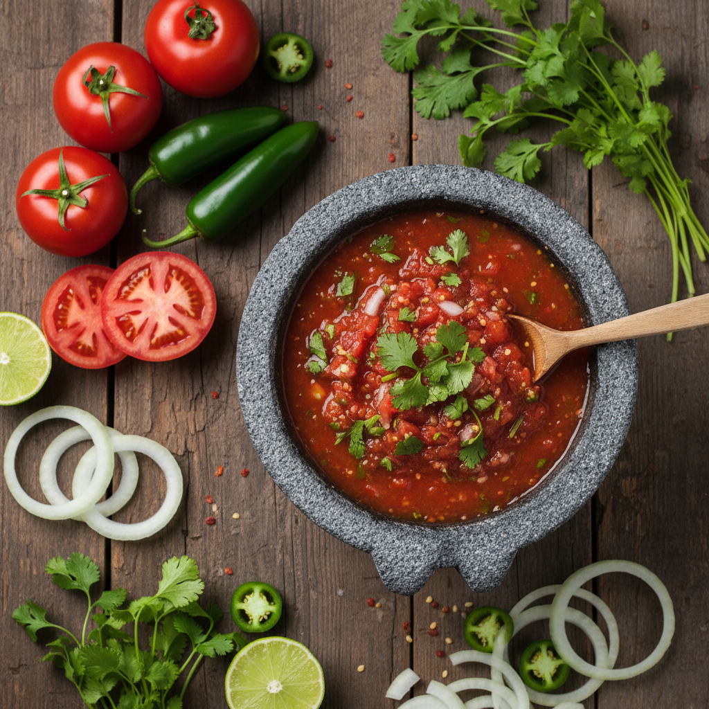 Overhead shot of fresh homemade salsa in a stone bowl with tomatoes, jalapenos, cilantro, and lime
