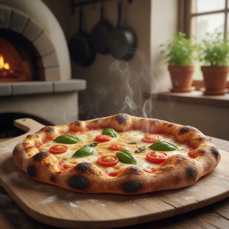 Sourdough pizza with charred crust, mozzarella, basil, and tomatoes on a wooden pizza peel