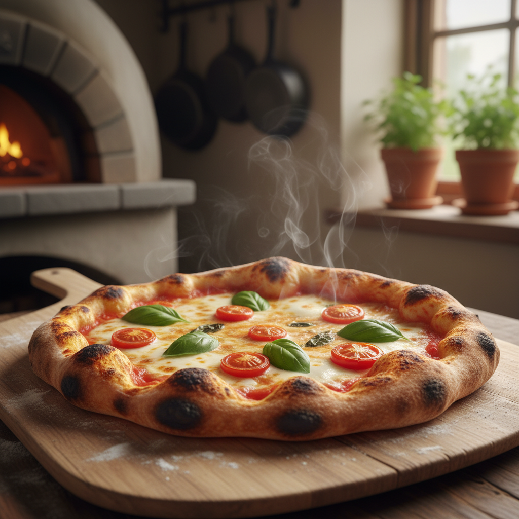 Sourdough pizza with charred crust, mozzarella, basil, and tomatoes on a wooden pizza peel