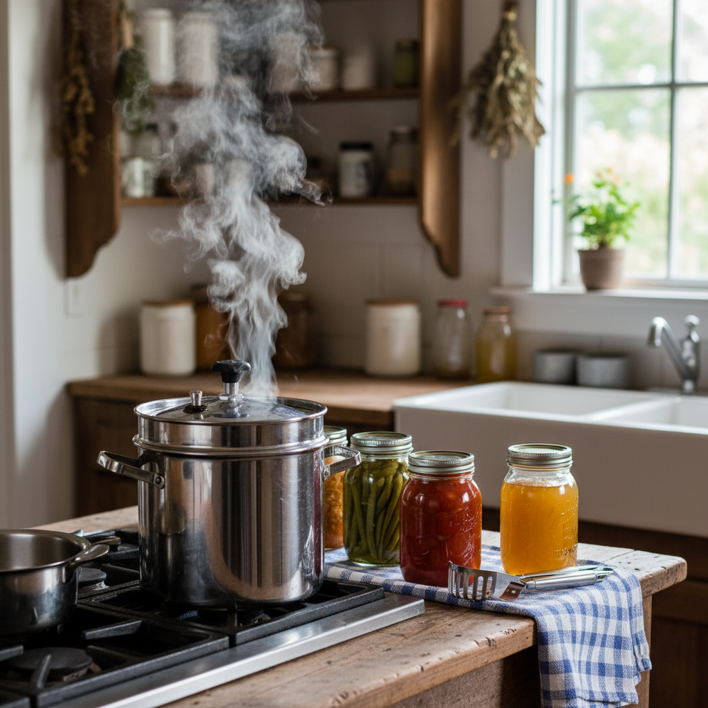 Pressure canner with steam releasing on stovetop, mason jars of preserved food nearby