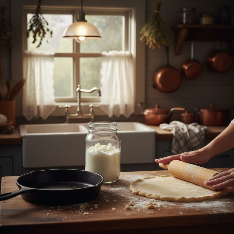 White rendered lard in a mason jar next to a cast iron skillet and fresh pie crust being rolled