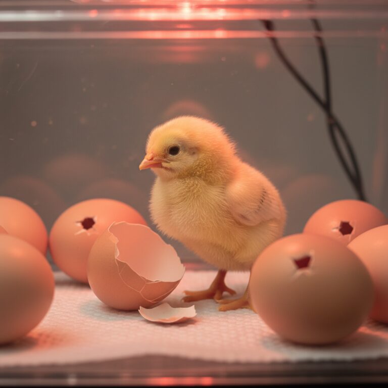 Fluffy yellow chick next to cracked eggshells in an incubator with other eggs