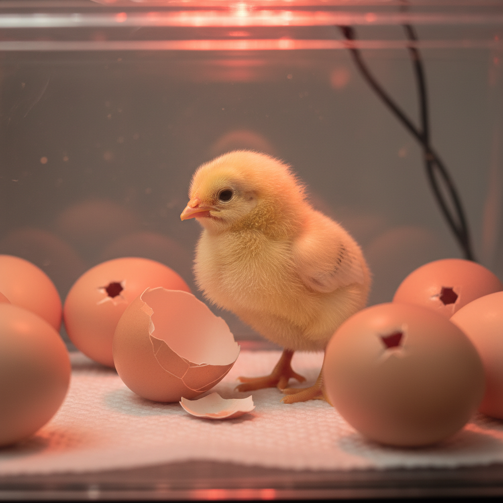 Fluffy yellow chick next to cracked eggshells in an incubator with other eggs