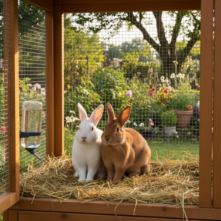 Two friendly Rex rabbits in a clean outdoor hutch with hay and garden visible