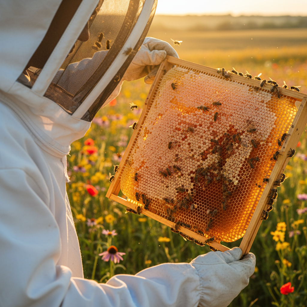 Beekeeper in white suit inspecting frame of honeycomb with bees and golden sunlight