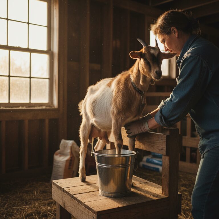 Person milking a Nigerian Dwarf goat on a milking stand with stainless steel pail in barn